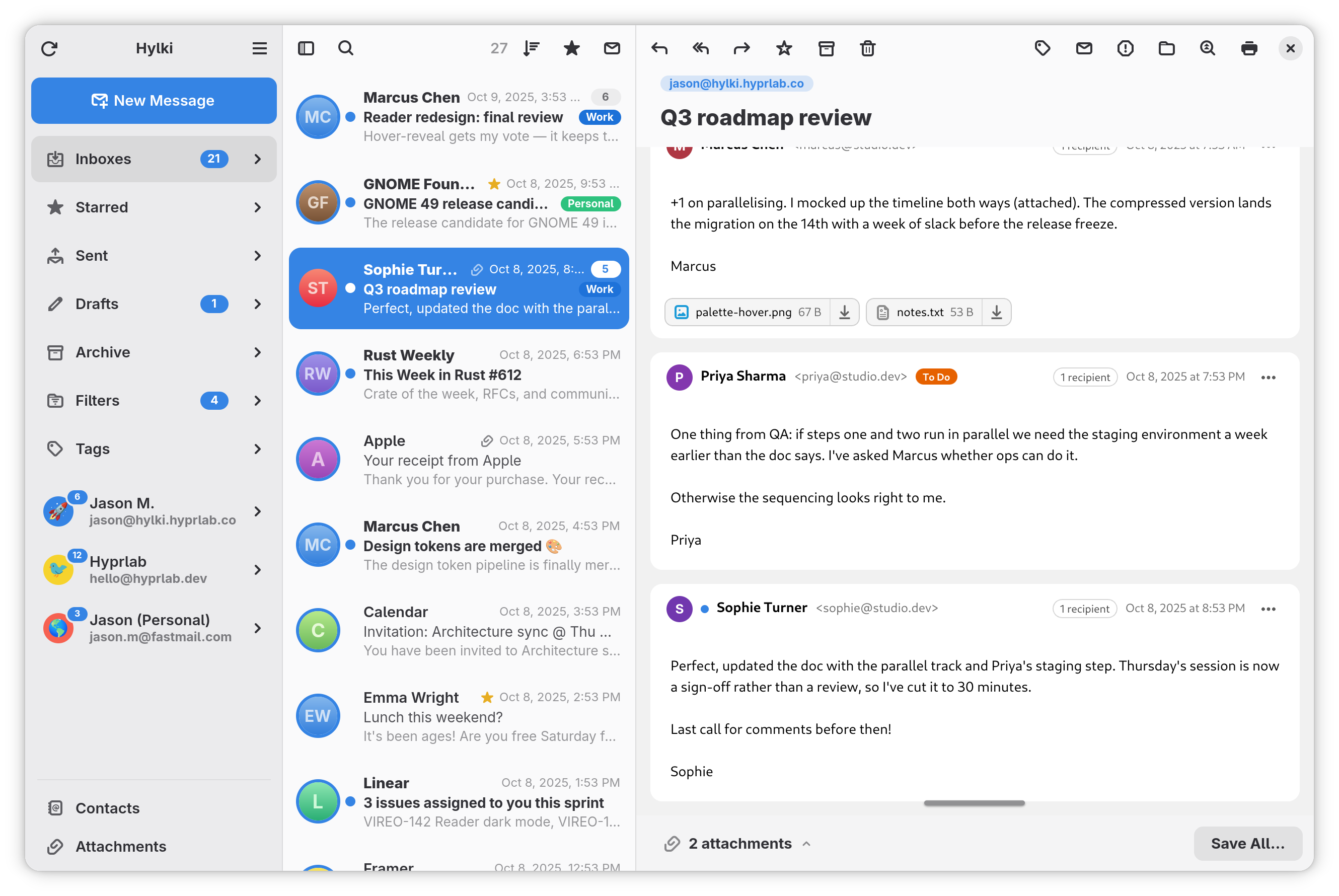 Hylki showing a unified inbox in a three-pane layout: folders and accounts on the left, the message list in the middle, and a conversation open in the reader