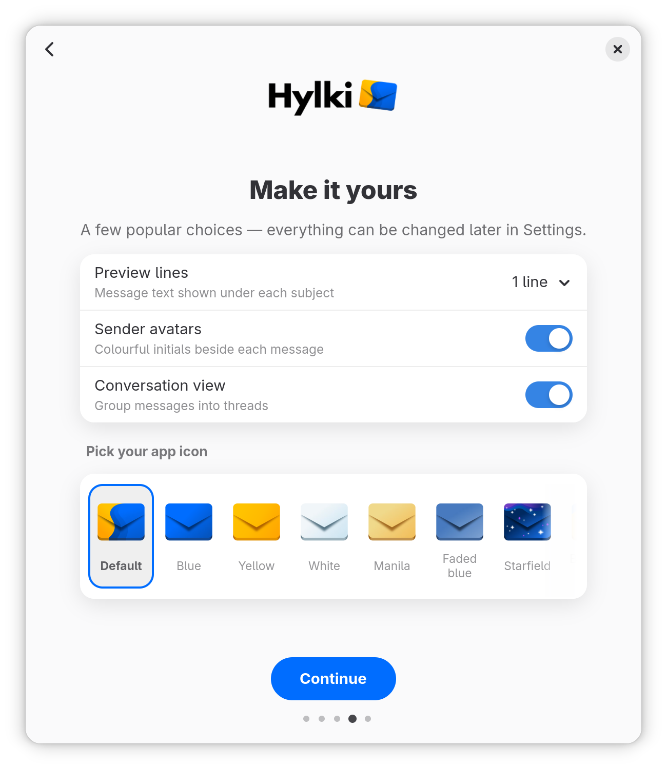 The welcome wizard's Make it yours page: preview lines, sender avatars, conversation view, and a row of app icons to pick from